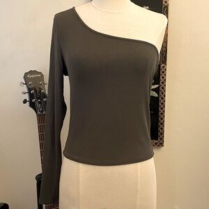 Asymmetrical one shoulder long sleeve top in moss green by nine britton. SP.